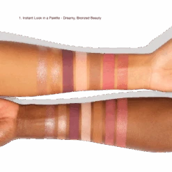 INSTANT HOLLYWOOD LOOK ON THE GO MAKEUP KIT 16 INSTANT HOLLYWOOD LOOK ON THE GO MAKEUP KIT -Charlotte Tillbury Store Arm swatches with labels of INSTANT LOOK IN A PALETTE Dreamy Bronzed Beauty