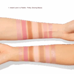 INSTANT HOLLYWOOD LOOK ON THE GO MAKEUP KIT 13 INSTANT HOLLYWOOD LOOK ON THE GO MAKEUP KIT -Charlotte Tillbury Store Arm swatches with labels of INSTANT LOOK IN A PALETTE PRETTY GLOWING BEAUTY